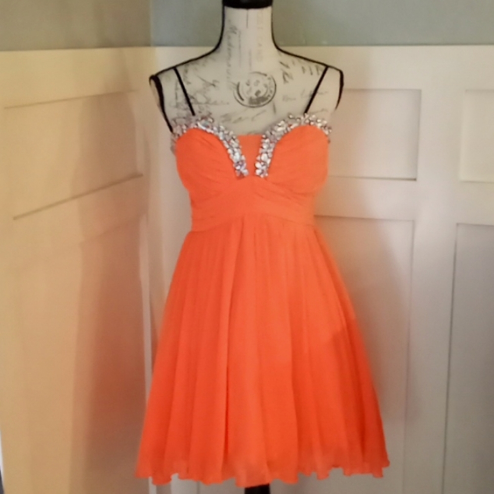 Jodi Kristopher Formal Orange Beaded Bodice Short Formal  Dress Sz 9